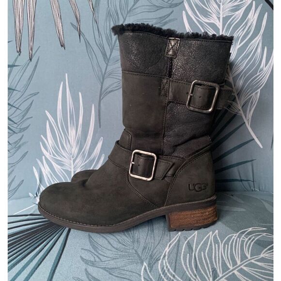 UGG OREGON BLACK SUEDE SHEEPSKIN SHEARLING ANKLE BUCKLE BOOT sz 5.5 - Picture 2 of 11